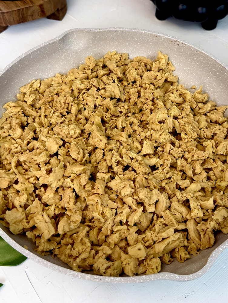 a bowl of rehydrated soy curls.